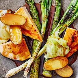 Maïskip met geroosterde asperges en spitskool Maïskip met geroosterde asperges en spitskool